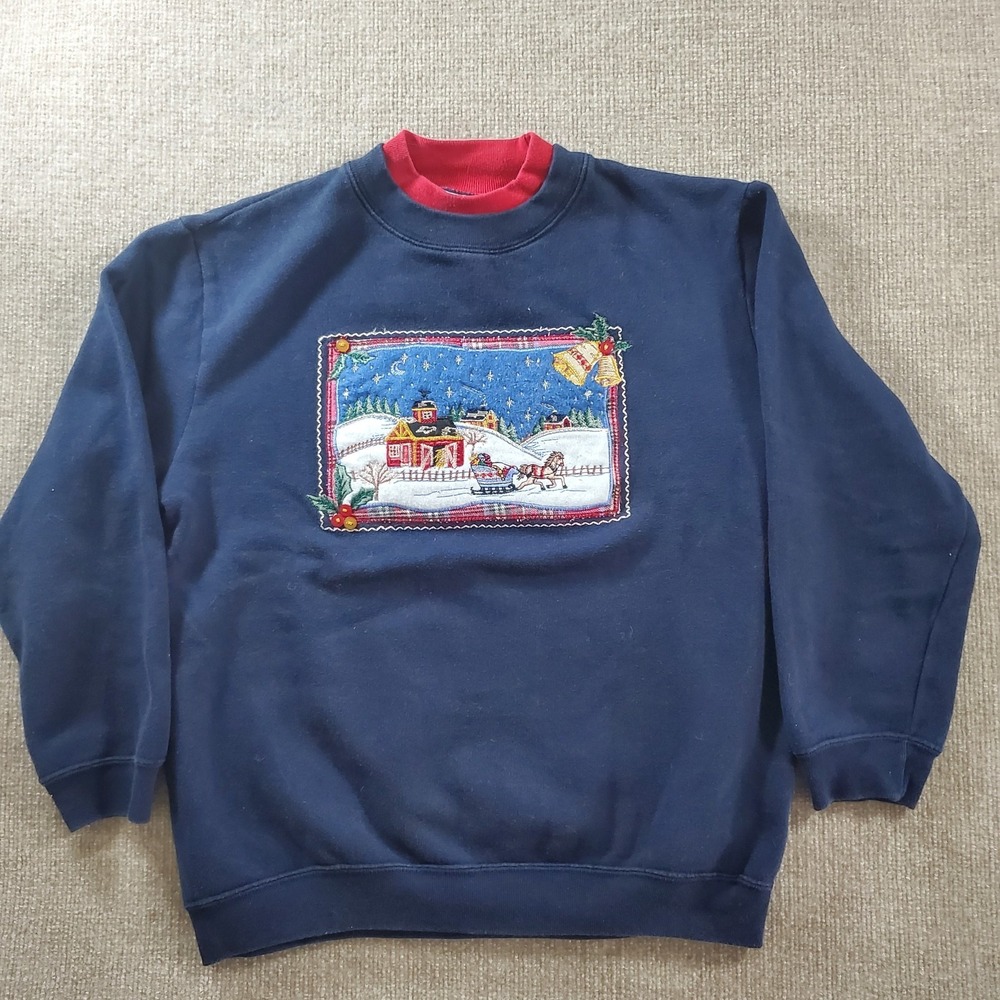 Vintage Bollie Brooks Christmas Sweatshirt Winter Scene Embroidered Beads